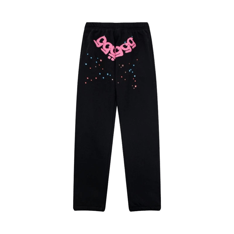 SP5DER Black Street Pants: Unisex Comfort, Pink & Stars