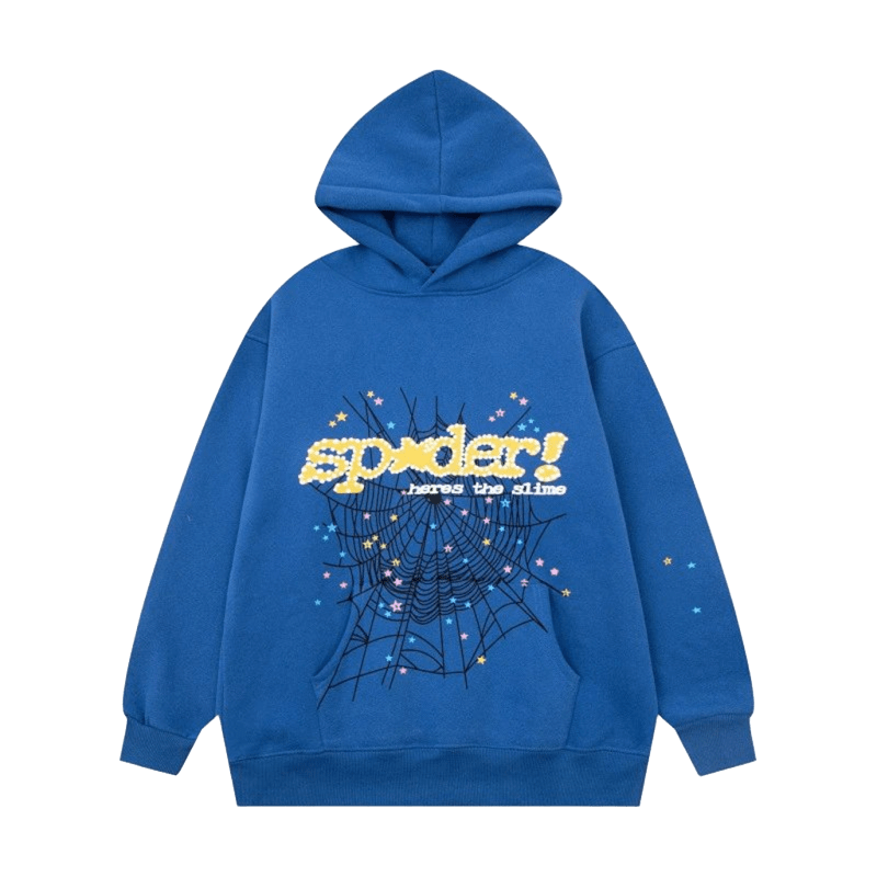 SP5DER Hoodie: Blue Winter Unisex Streetwear with Spiderweb