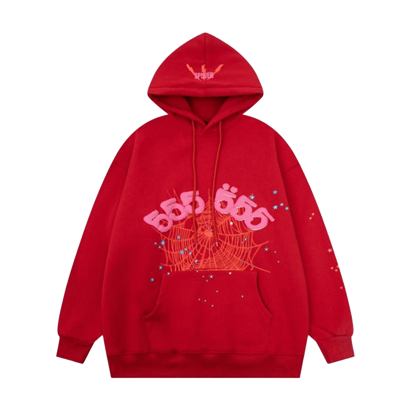 SP5DER Red Hoodie: Unisex Cotton Sweatshirt with Spiderweb Design