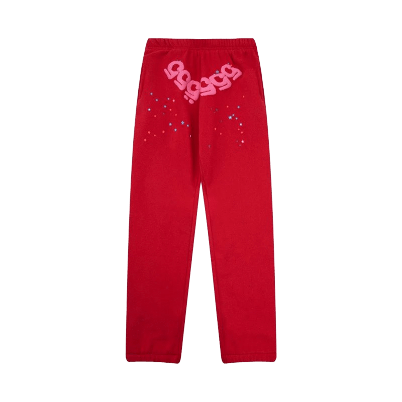 SP5DER Red Joggers: Unisex Streetwear with Stars & Comfort