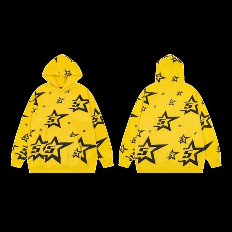 SP5DER Yellow Hoodie: Black Star Print Unisex Streetwear