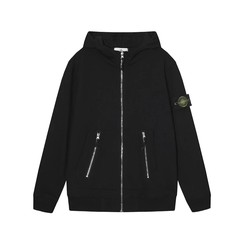 Stone Island Black Hooded Jacket: Unisex Streetwear Coat w/Badge