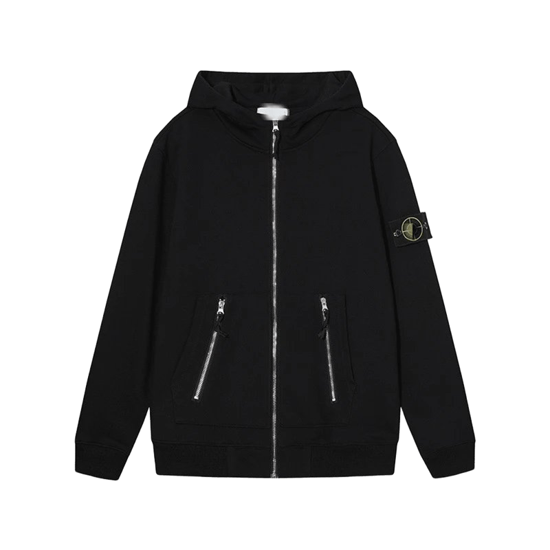 Stone Island Black Hoodie: Premium Zip-Up w/ Badge