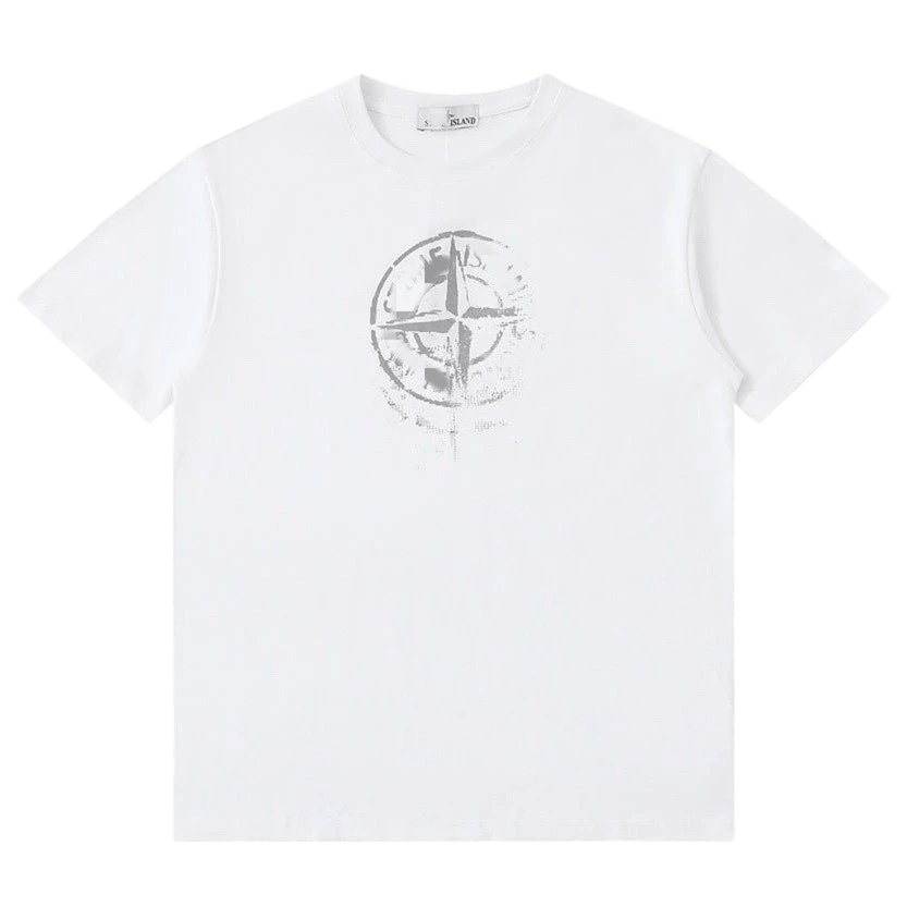 Stone Island White Cotton Tee: Classic Compass Logo, Unisex