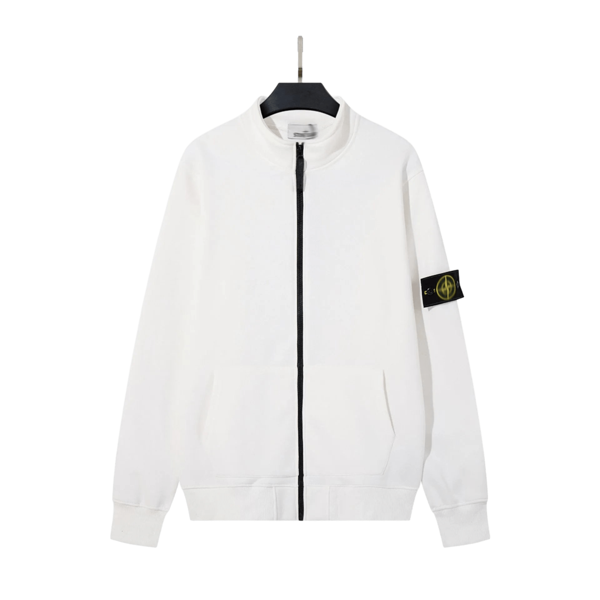 Stone Island White Zip Hoodie: Unisex Streetwear w/ Compass Patch