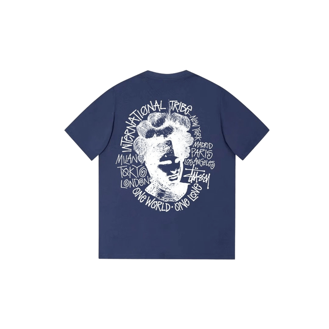 Stussy 90s Navy Cotton Tee: Unisex Streetwear with Graphic Back