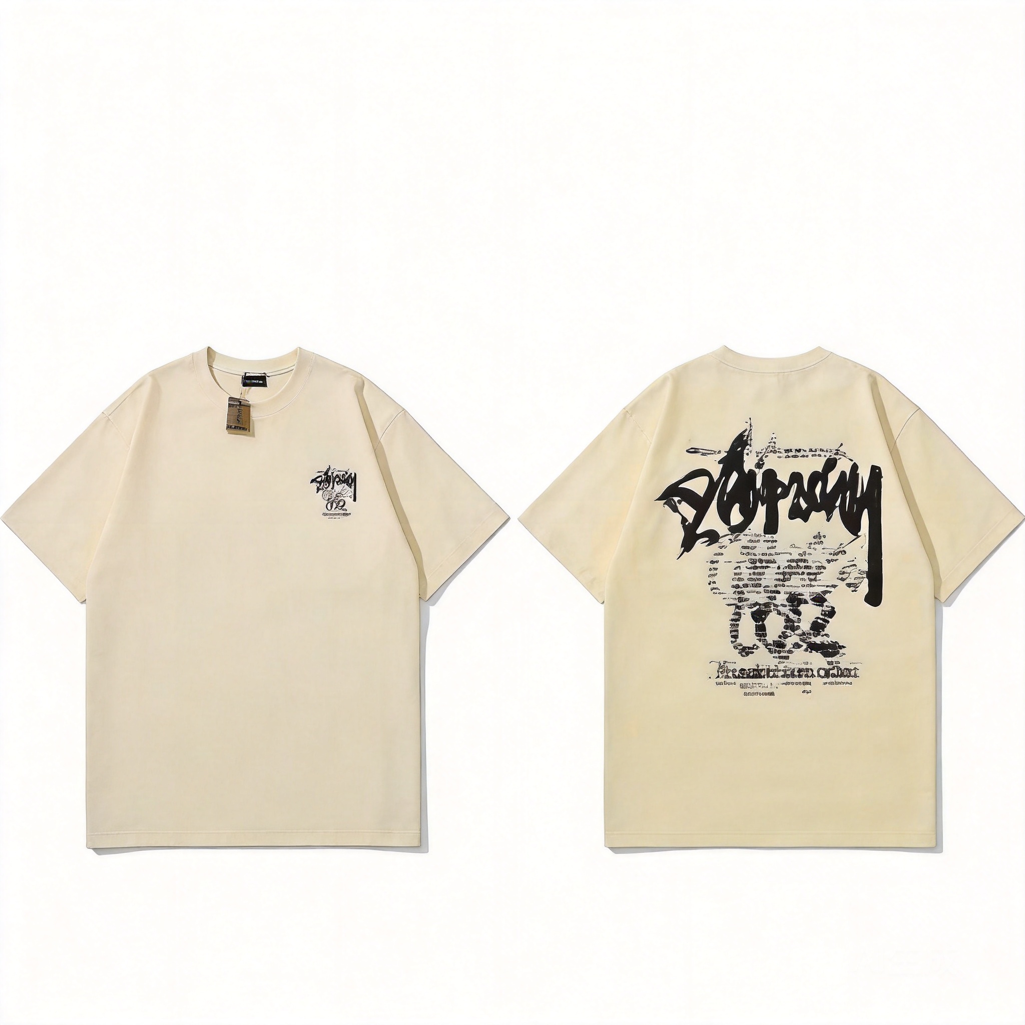 Stussy 90s Retro Beige Cotton Tee: Iconic Logo Streetwear