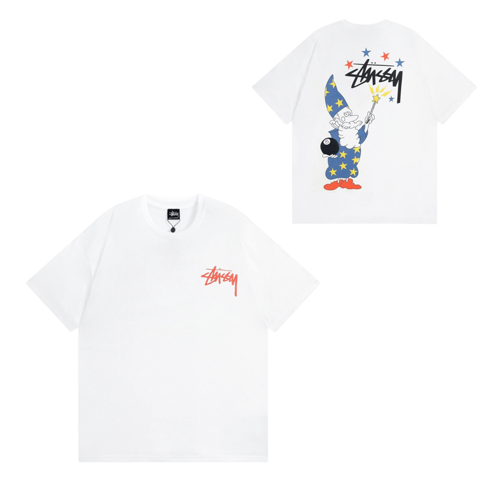 Stussy 90s White T-Shirt: Cotton Tee with Logo & Dwarf Graphic