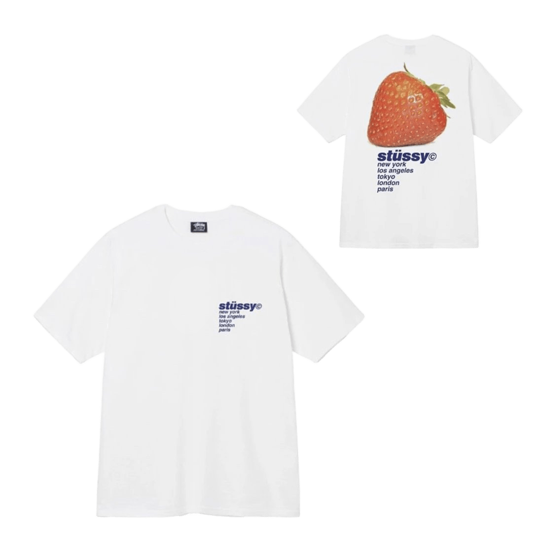 Stussy 90s White Tee: Cotton Streetwear w/ Logo & Strawberry