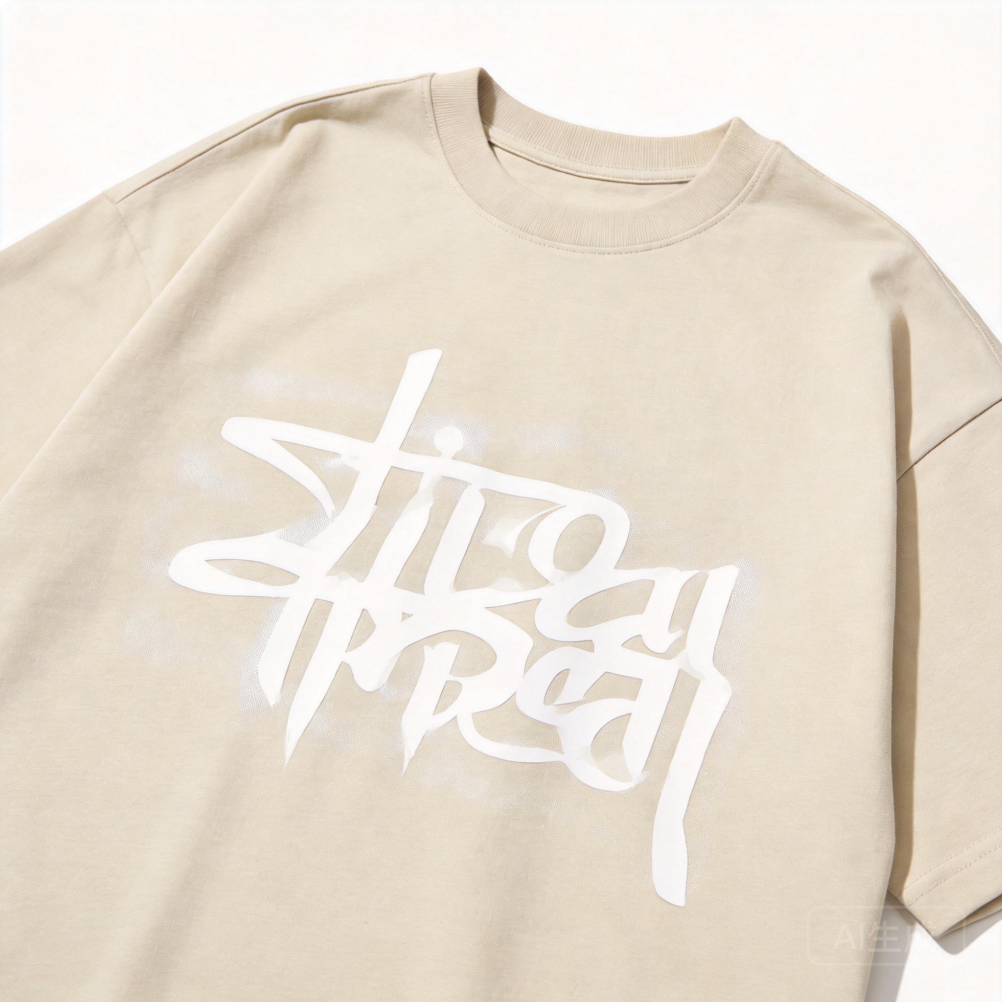 Stussy Beige Cotton T-Shirt: Unisex Streetwear with Logo Print