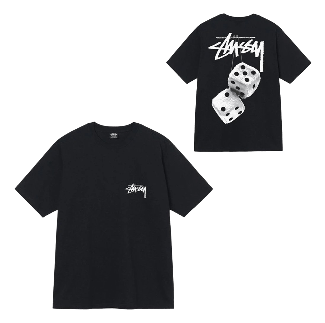 Stussy Black Cotton T-Shirt: 90s Logo & Dice Print Streetwear