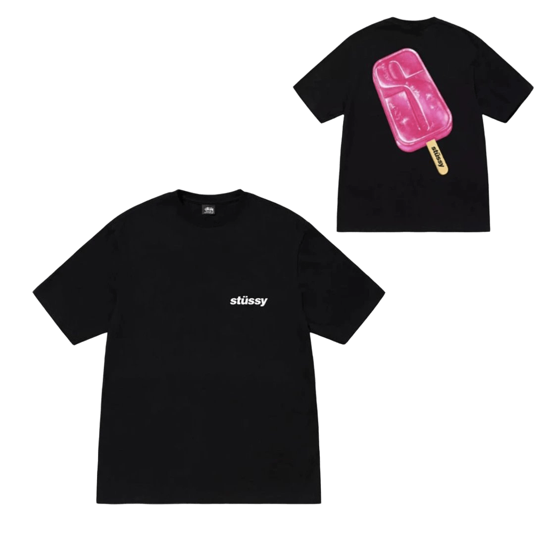 Stussy Black Cotton T-Shirt: '90s Streetwear with Pink Graphic