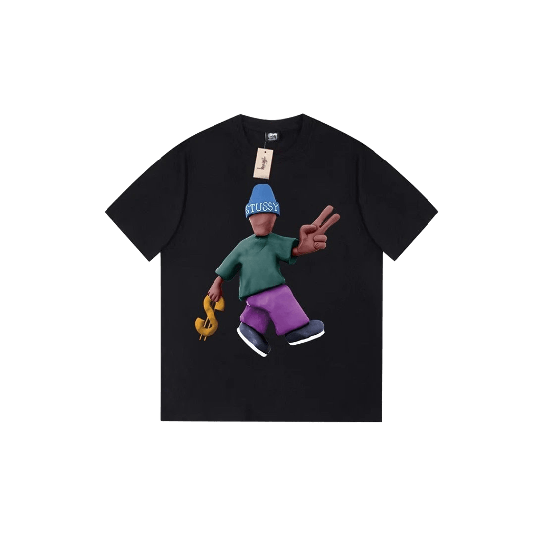 Stussy Black Cotton T-Shirt: Cartoon Graphic Streetwear