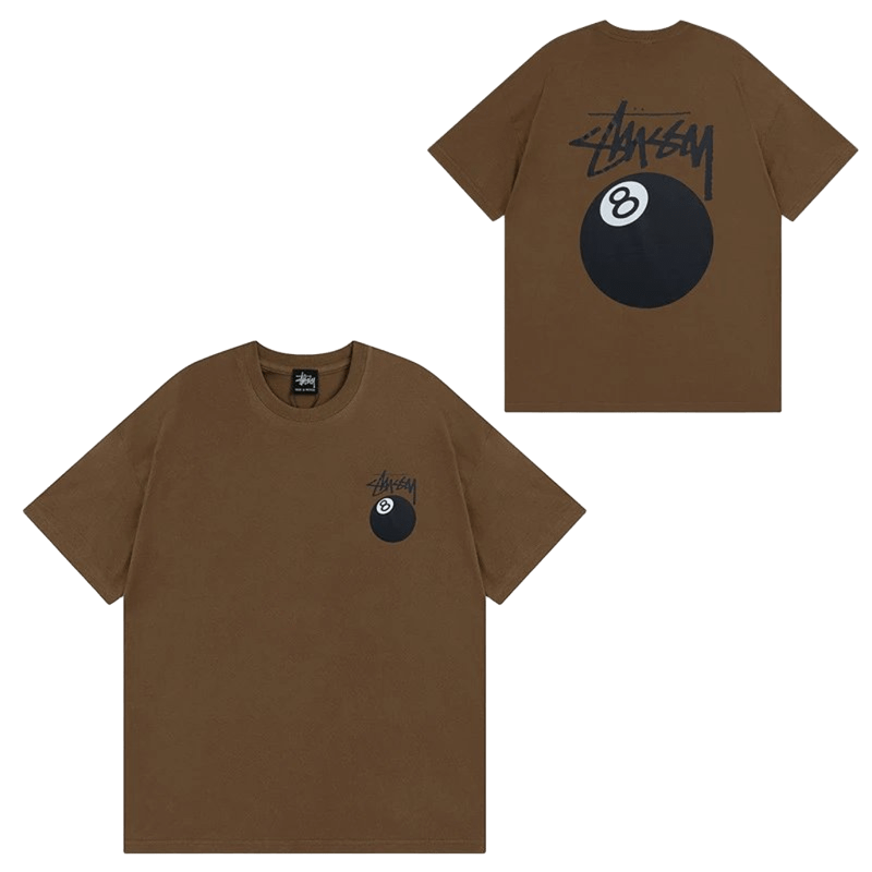 Stussy Brown Cotton Tee: 8-Ball Graffiti Logo Unisex Streetwear