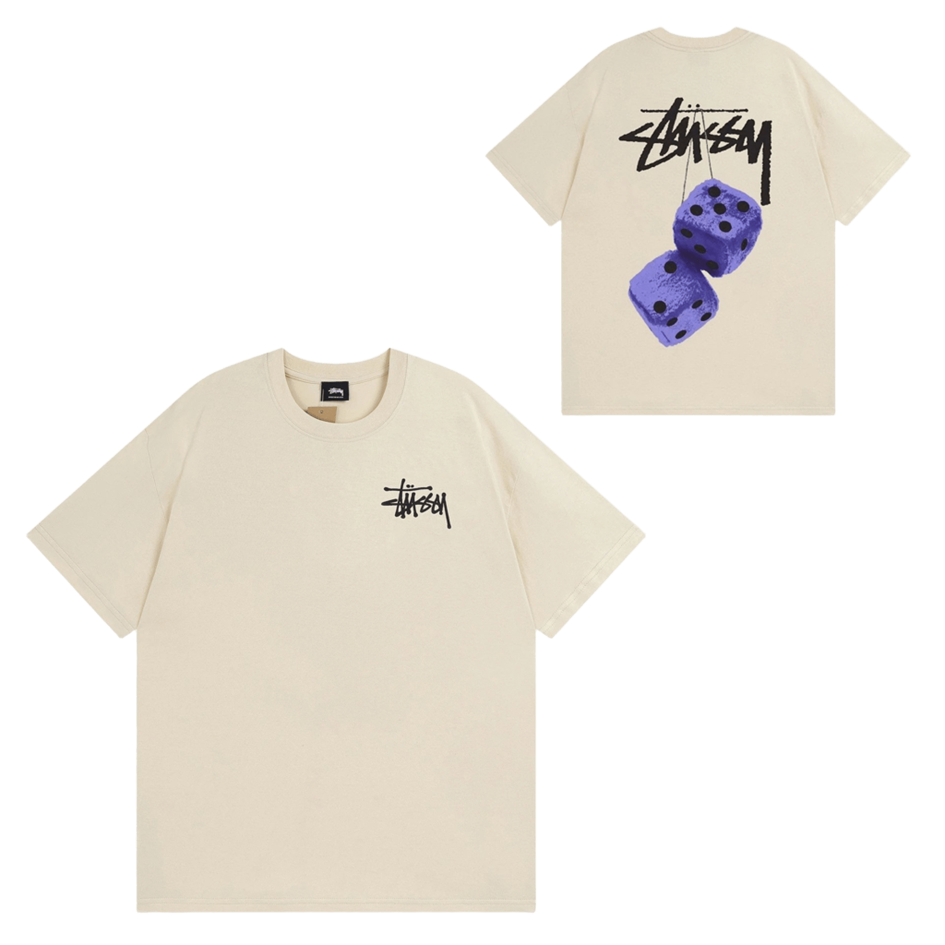Stussy Cream Cotton T-Shirt: Iconic Logo, Purple Dice, 90s Streetwear