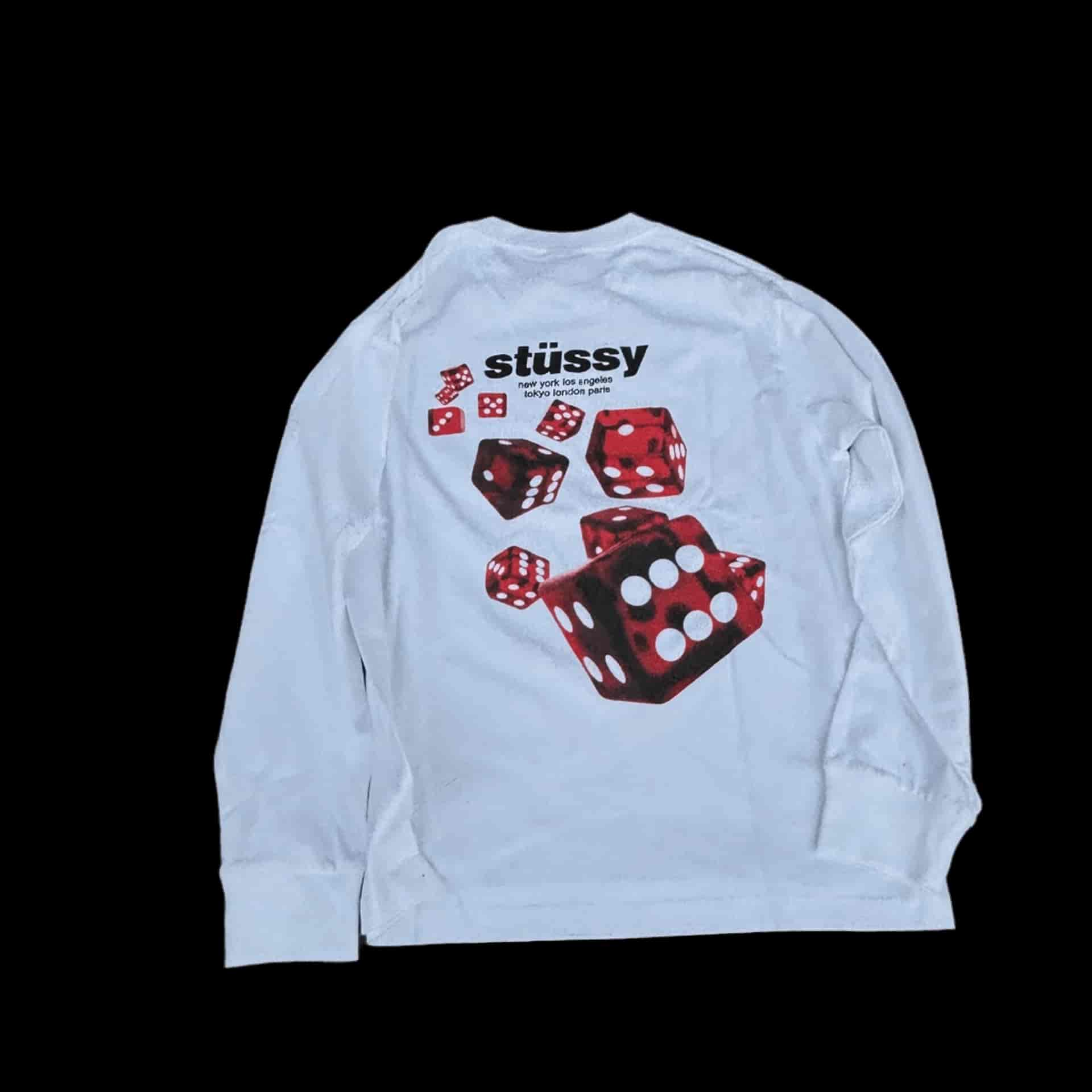 Stussy Dice Tee: White 90s Cotton Long Sleeve Shirt
