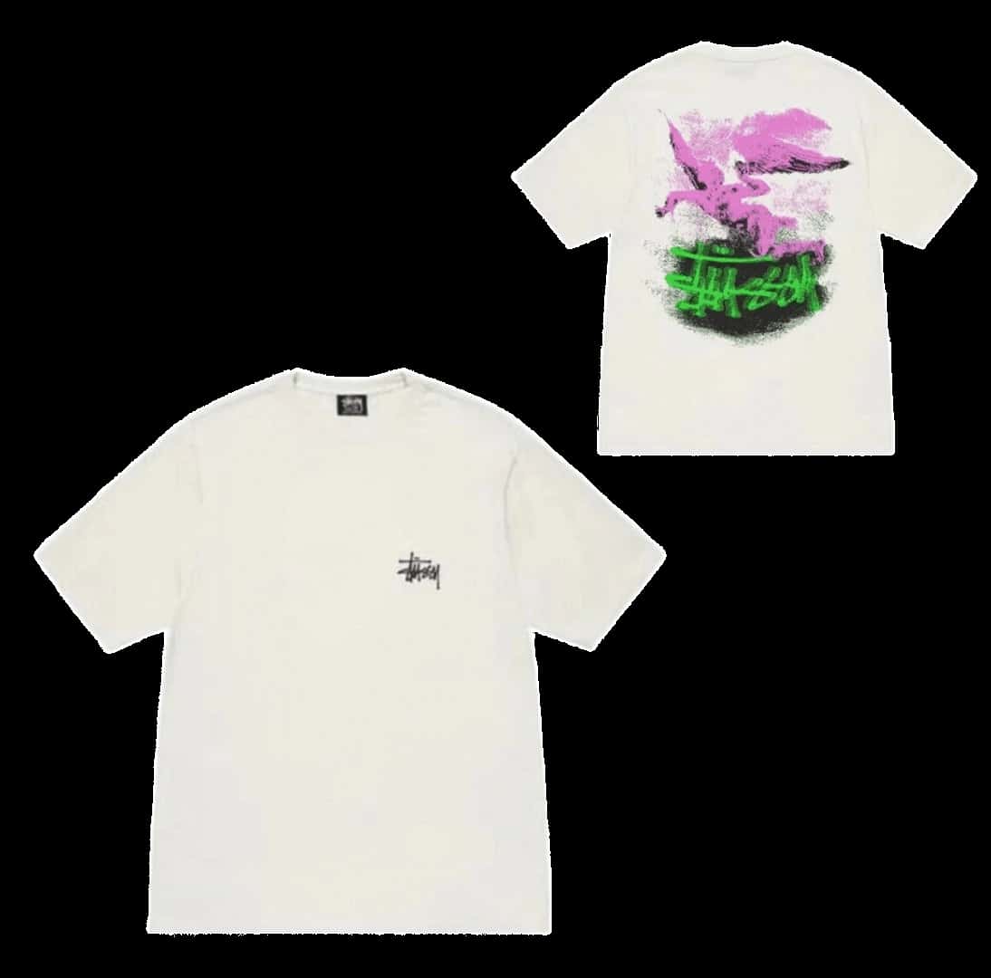 Stussy White Cotton Tee: Classic Logo & Dragon Graffiti Streetwear