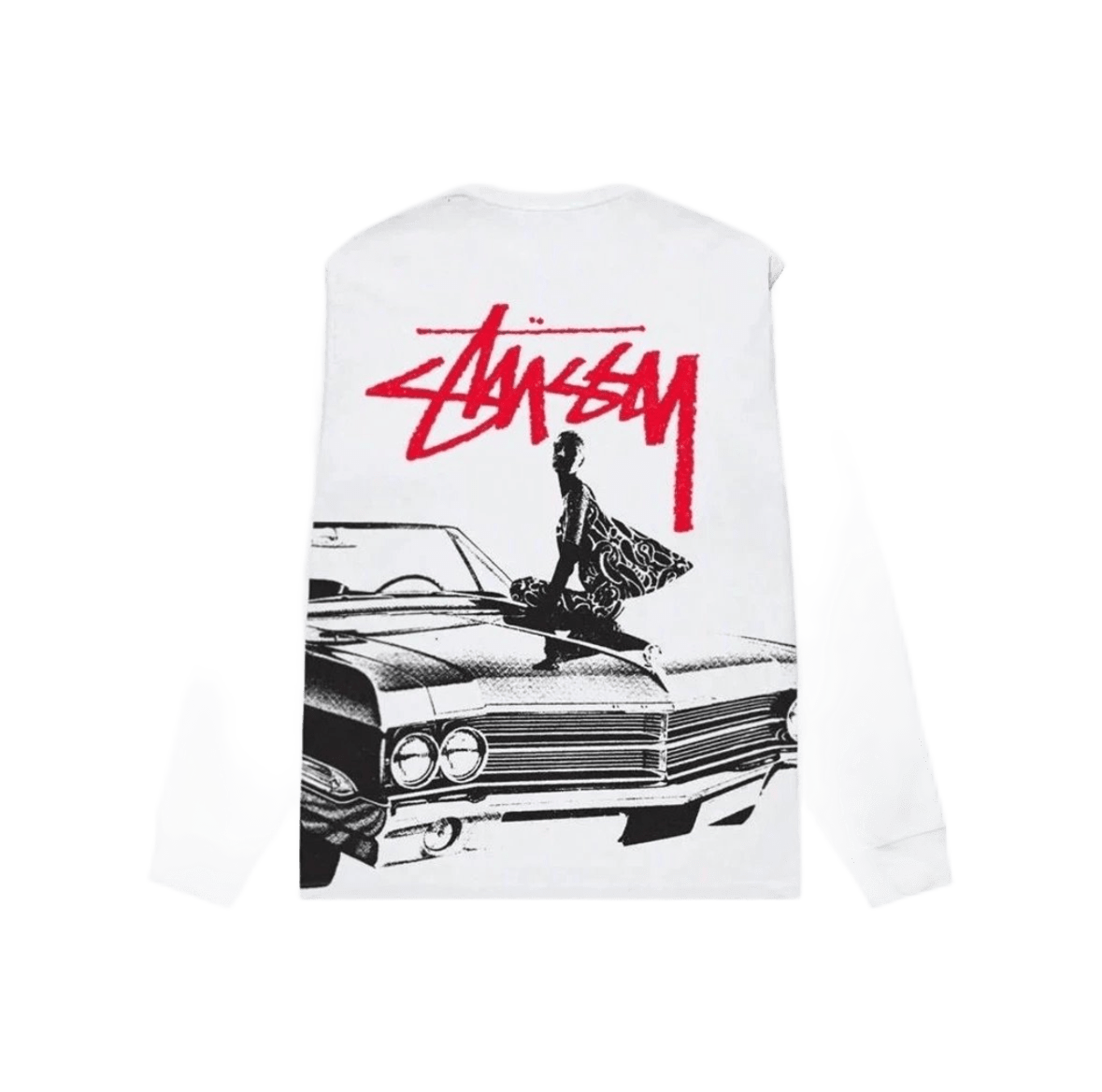Stussy White Long Sleeve Tee: Cotton Streetwear with Retro Print