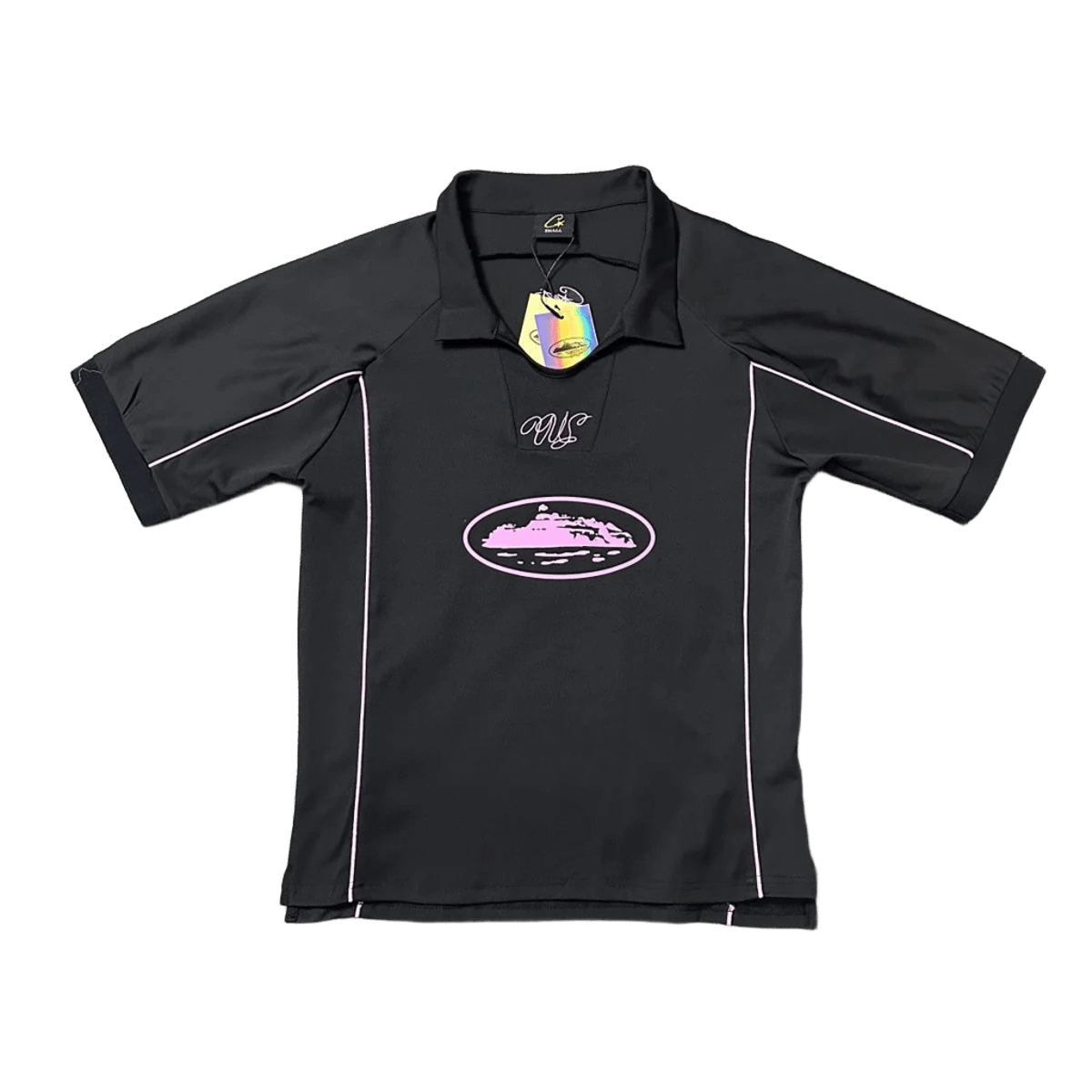 Unisex Black Sport Polo: Moisture-Wicking & Pink Print